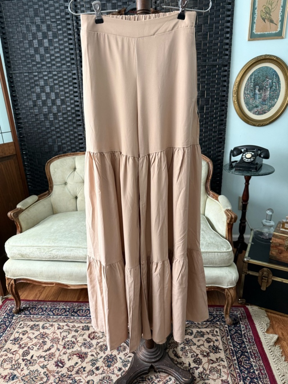 🤎 FAERIesty Neutral Two Piece Set Tiered Wide Leg Pants Crop Top Boho Chic Sz S - Picture 9 of 14